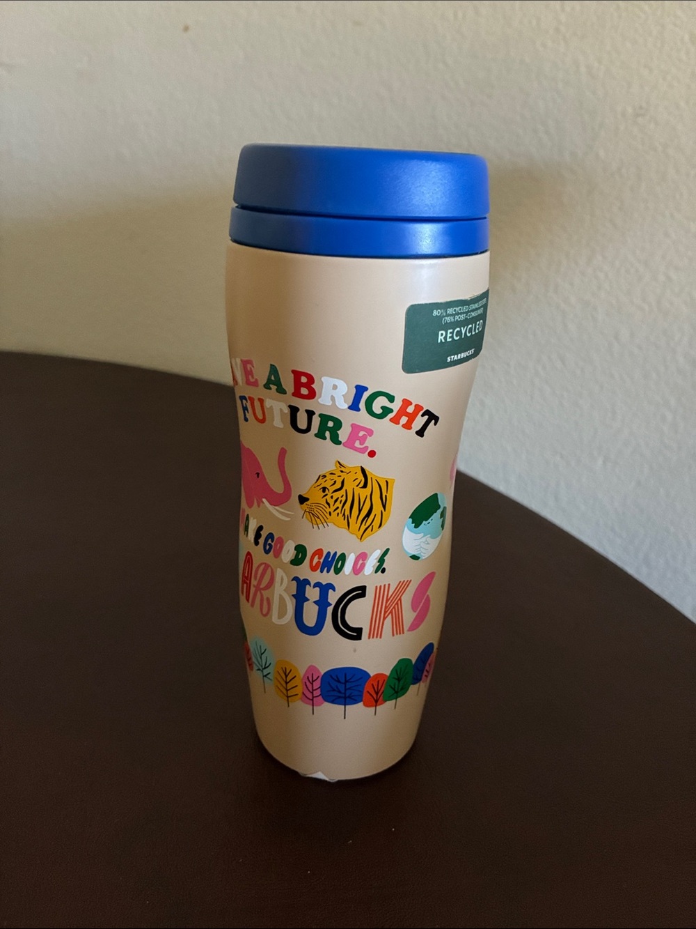 Starbucks Recycled Beige Tumbler with Blue Lid and Multicolor Graphics